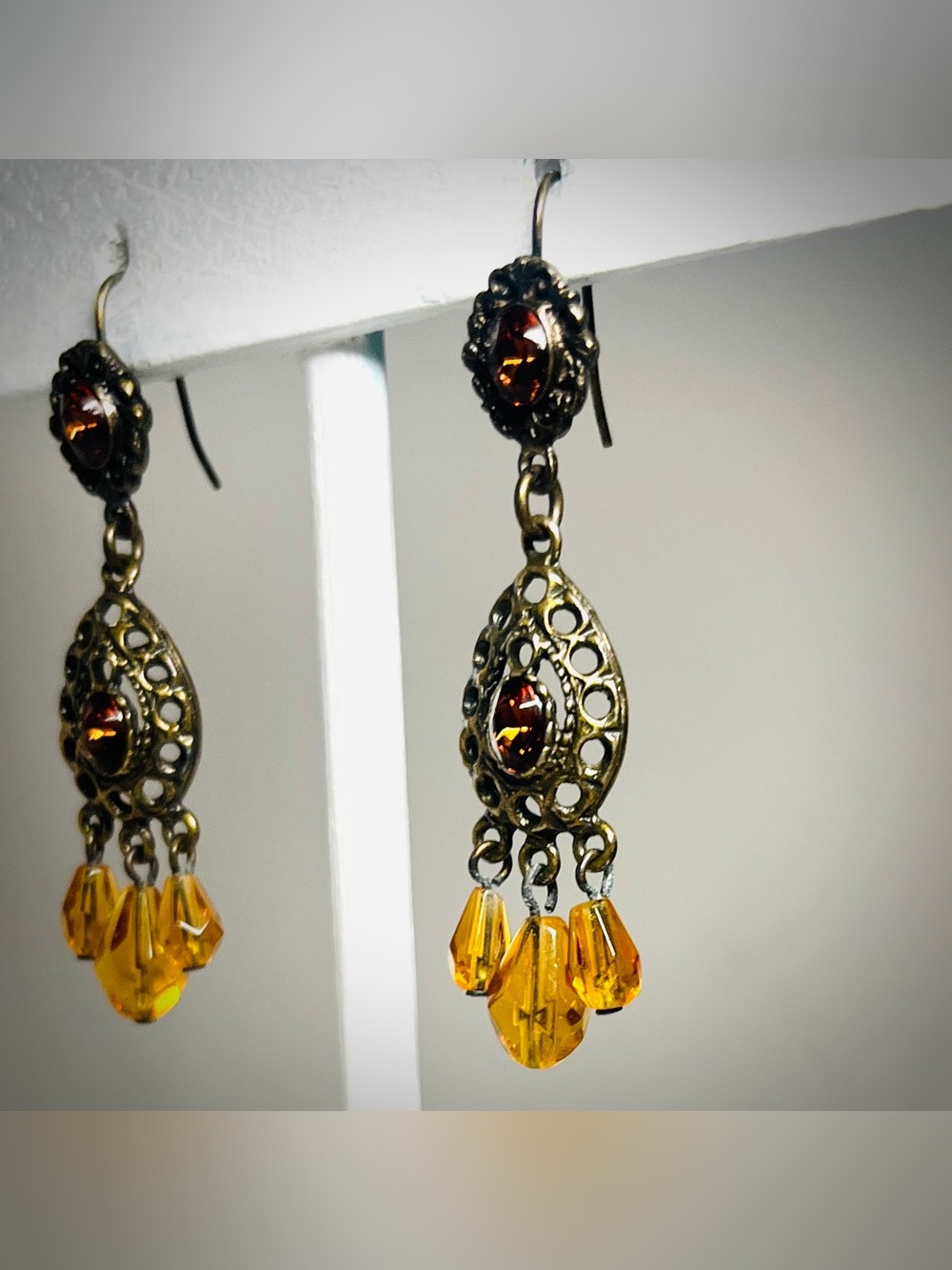 Vintage Copper Filigree with Amber Colored Rhinestone Dangle Pierced Earrings